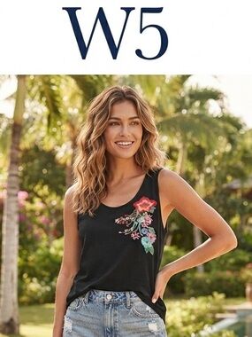 W5 Black Floral Embroidered Tank Top